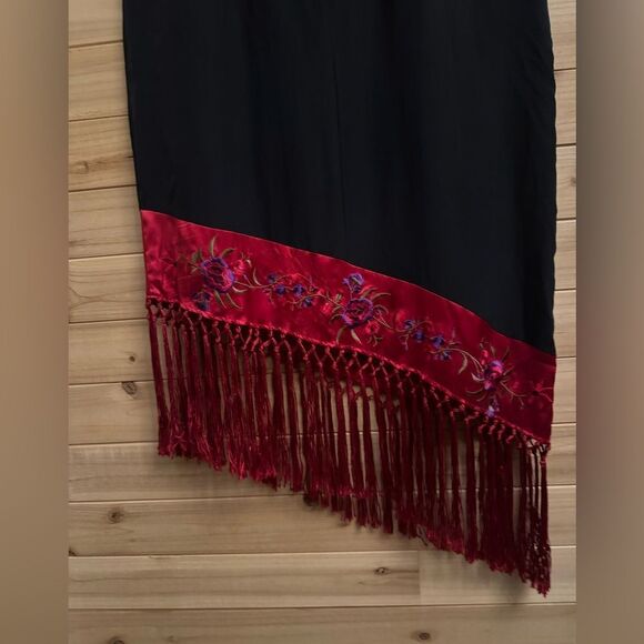 Vintage Y2K Clio Sz Large Red Black Silk Mandarin Asian Jacket Flapper Dress Set - Picture 12 of 15